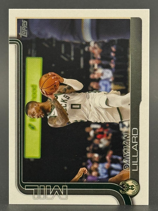 Topps basketball card of Damian Lillard in a Milwaukee Bucks uniform, number 0.