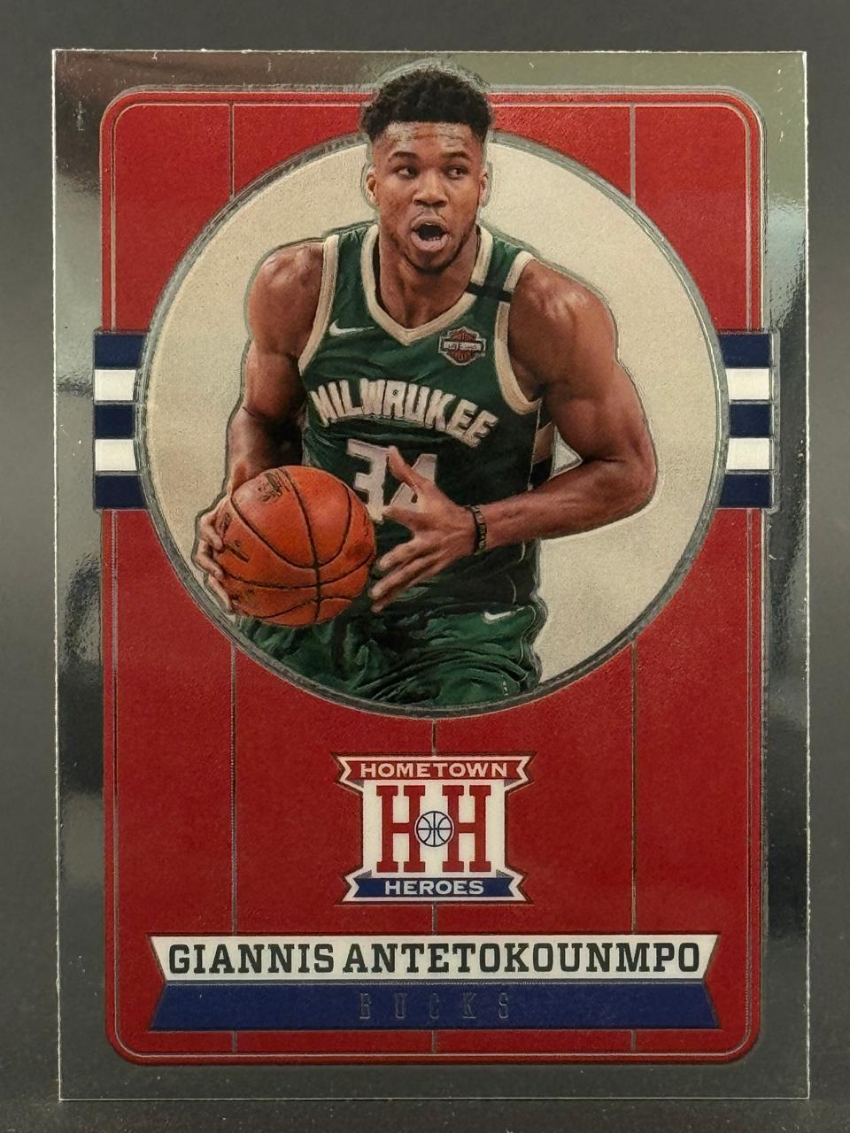 Giannis Antetokounmpo basketball card featuring the Hometown Heroes insert set and Milwaukee Bucks uniform.