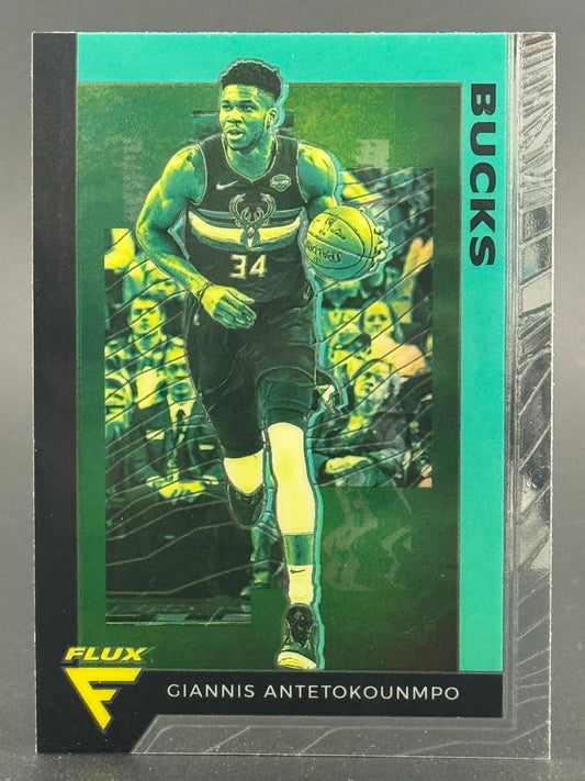 Giannis Antetokounmpo Milwaukee Bucks trading card from 2021-22 Panini Flux, green parallel.