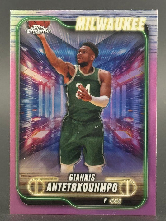 Giannis Antetokounmpo Topps Chrome basketball card featuring Milwaukee text and a green-bordered design.