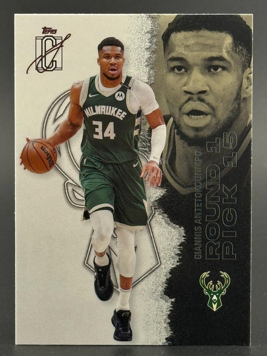 Giannis Antetokounmpo basketball card featuring a full-body action shot and a close-up portrait.