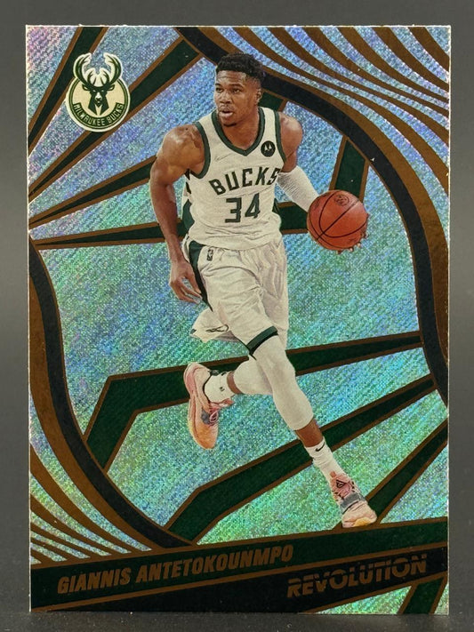 Giannis Antetokounmpo Milwaukee Bucks trading card from Revolution set with holographic pattern.