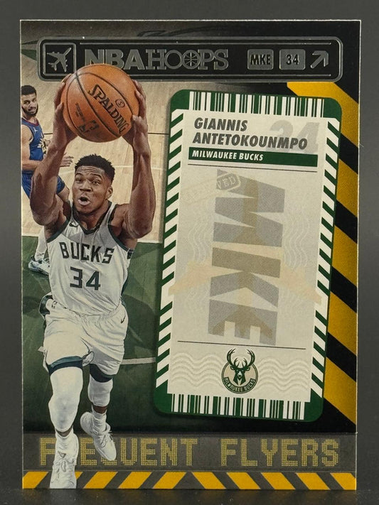 Giannis Antetokounmpo NBA Hoops Frequent Flyers trading card.
