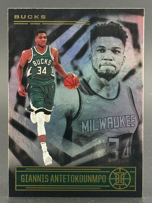 Giannis Antetokounmpo Milwaukee Bucks trading card featuring a dual player portrait and dark green design.