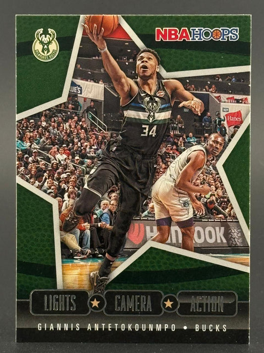 Giannis Antetokounmpo Milwaukee Bucks trading card from NBA Hoops Lights Camera Action insert set.