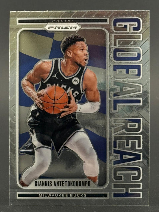 Giannis Antetokounmpo Milwaukee Bucks trading card from the Panini Prizm Global Reach insert set.