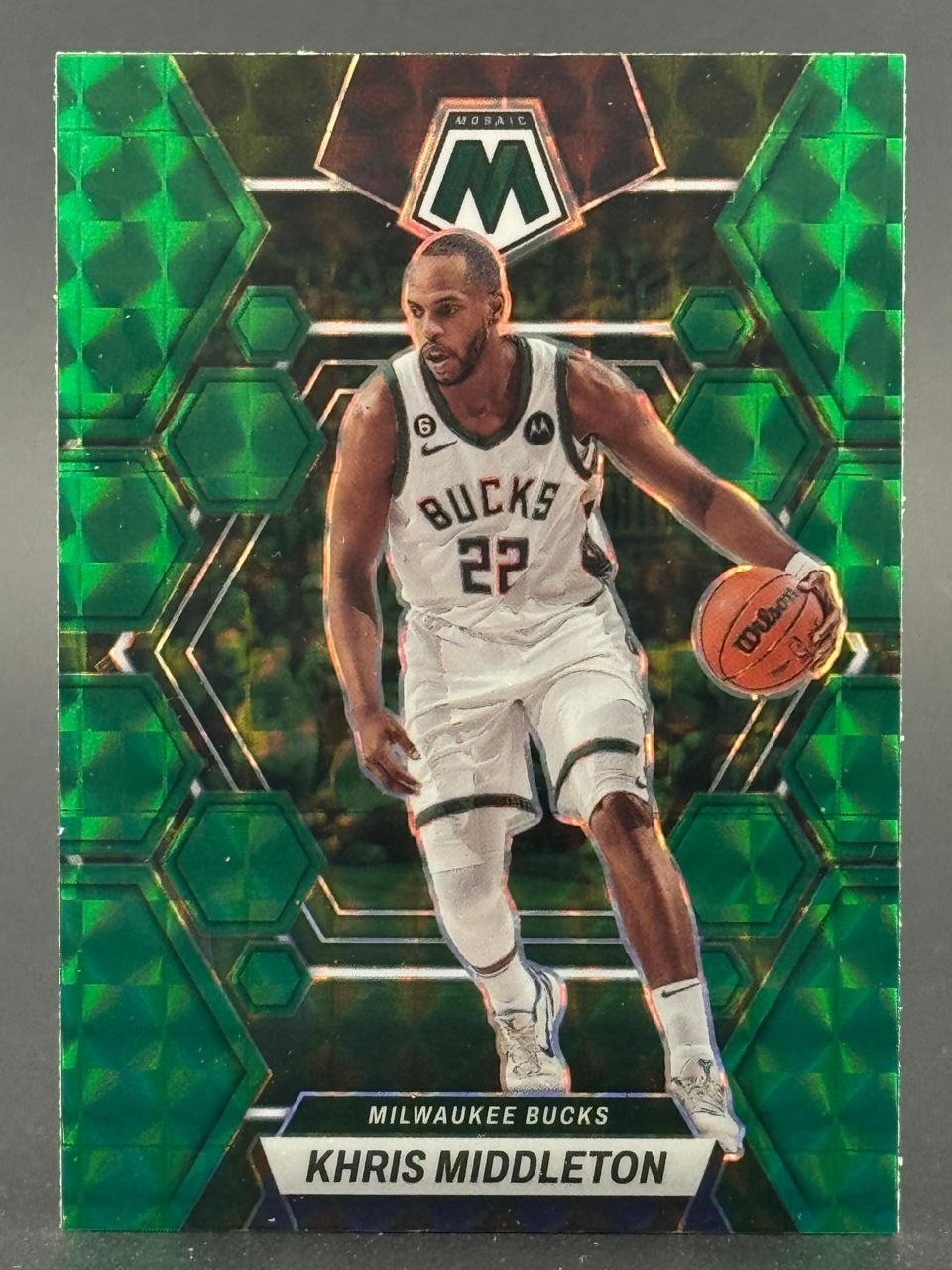 2022-23 Panini Mosaic Khris Middleton green parallel basketball card dribbling.