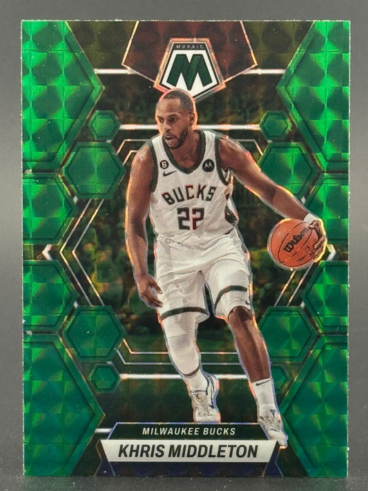 2022-23 Panini Mosaic Khris Middleton green parallel basketball card dribbling.