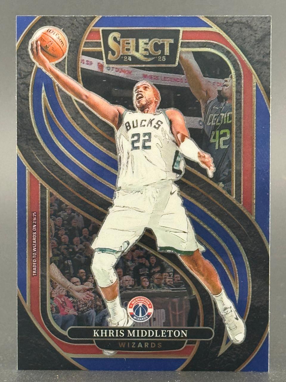 2024-25 Select Khris Middleton Wizards trading card showing him in a Bucks uniform, number 22.