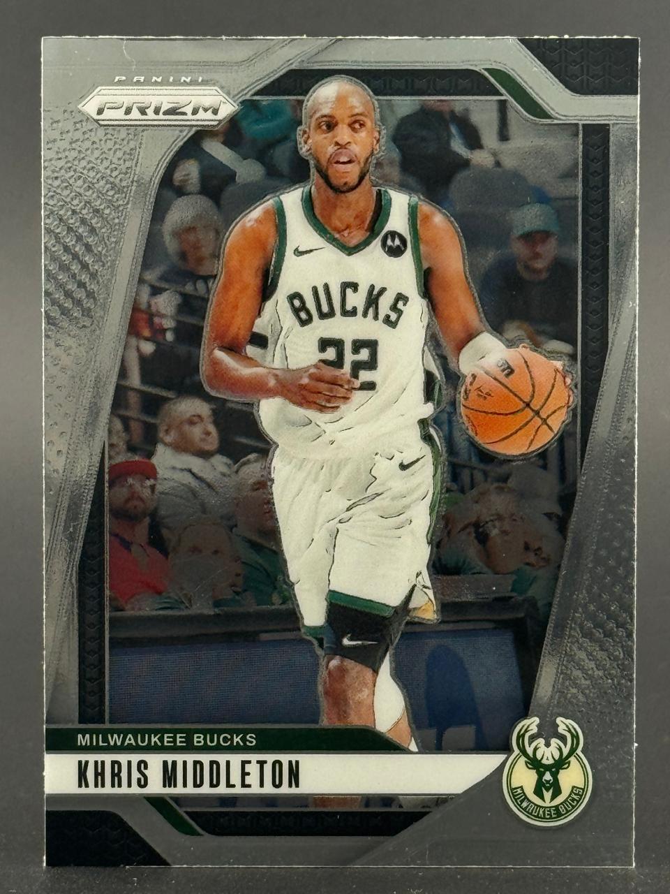 Khris Middleton 2020-21 Panini Prizm Milwaukee Bucks basketball card dribbling.