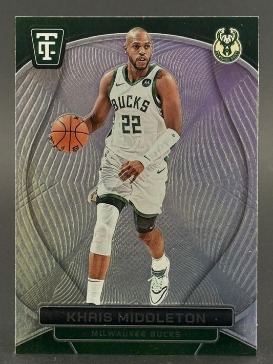Khris Middleton 2021-22 Panini Thread Trading Card dribbling a basketball.