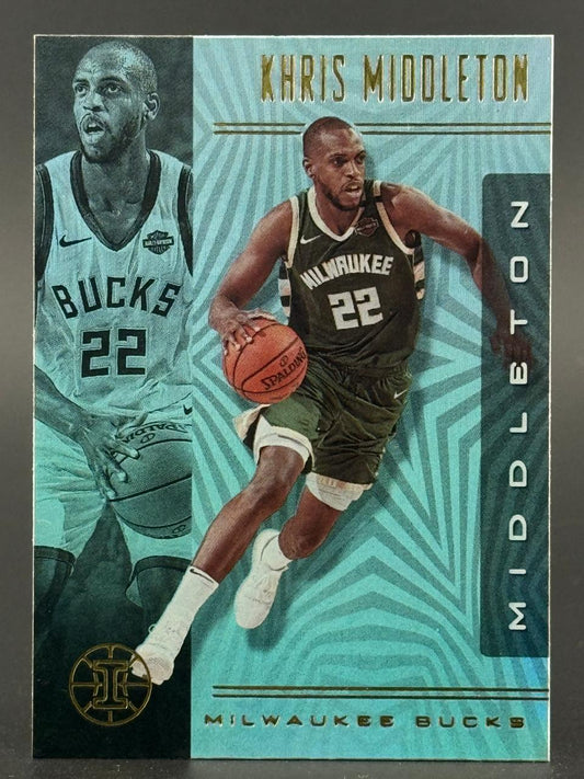 Trading card of Khris Middleton, Milwaukee Bucks, featuring a teal and gold design with player images.