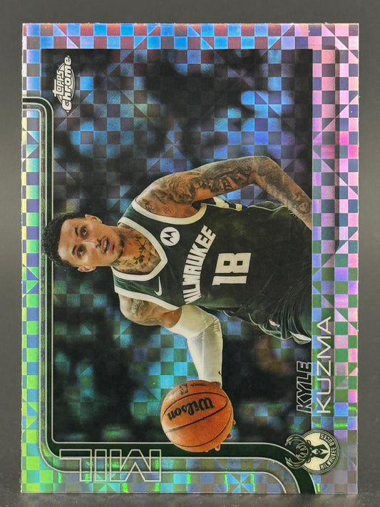 Trading card of Kyle Kuzma in a Milwaukee Bucks jersey with a patterned refractor finish.