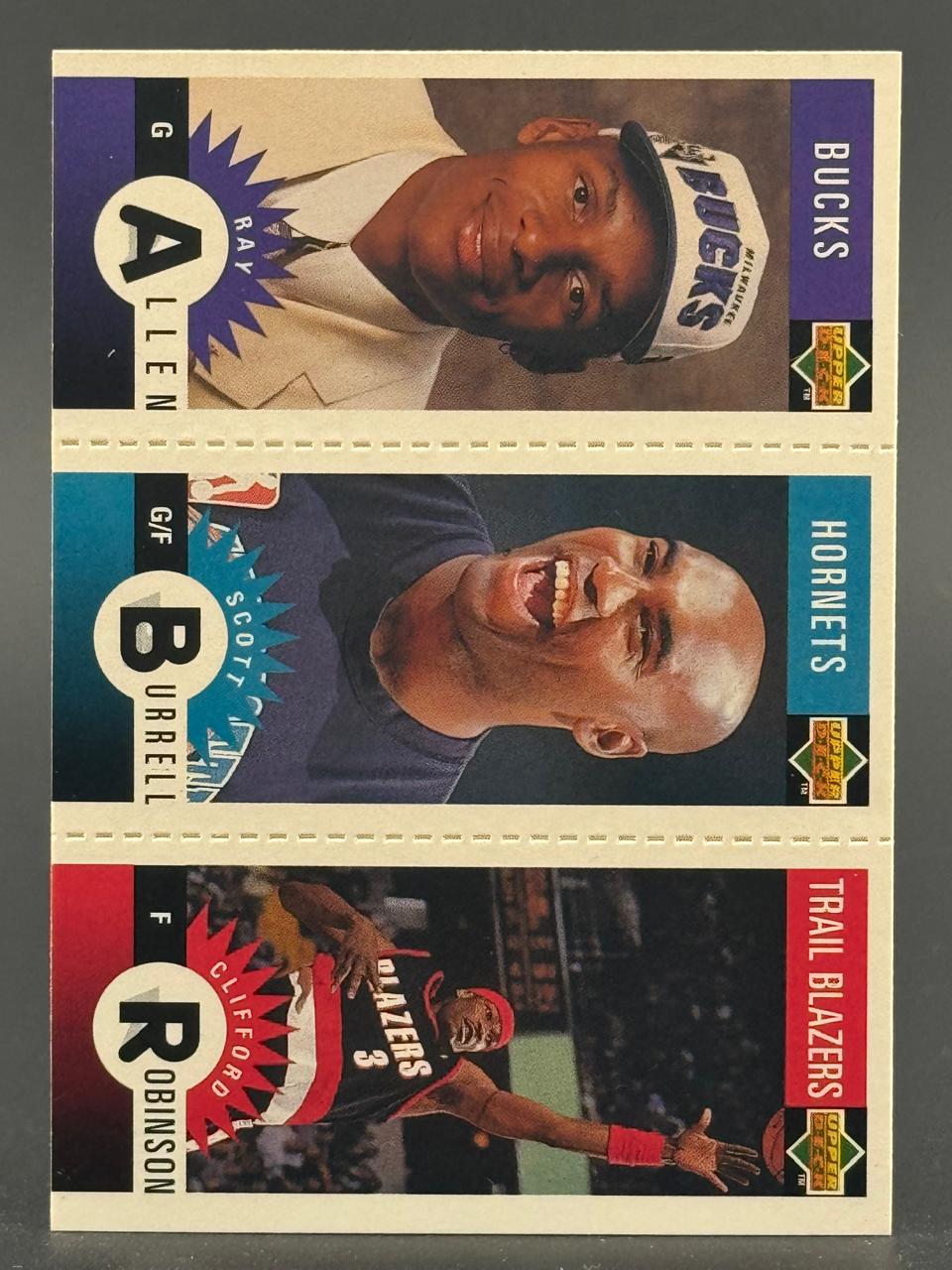 Ray Allen, Scott Burrell, and Clifford Robinson trading card panel.