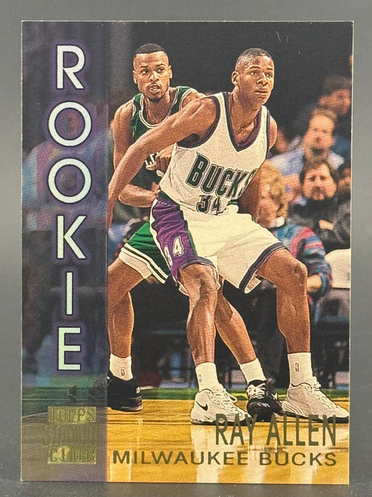 Ray Allen 1996 Topps Stadium Club Rookie trading card with vertical "ROOKIE" text on the left.