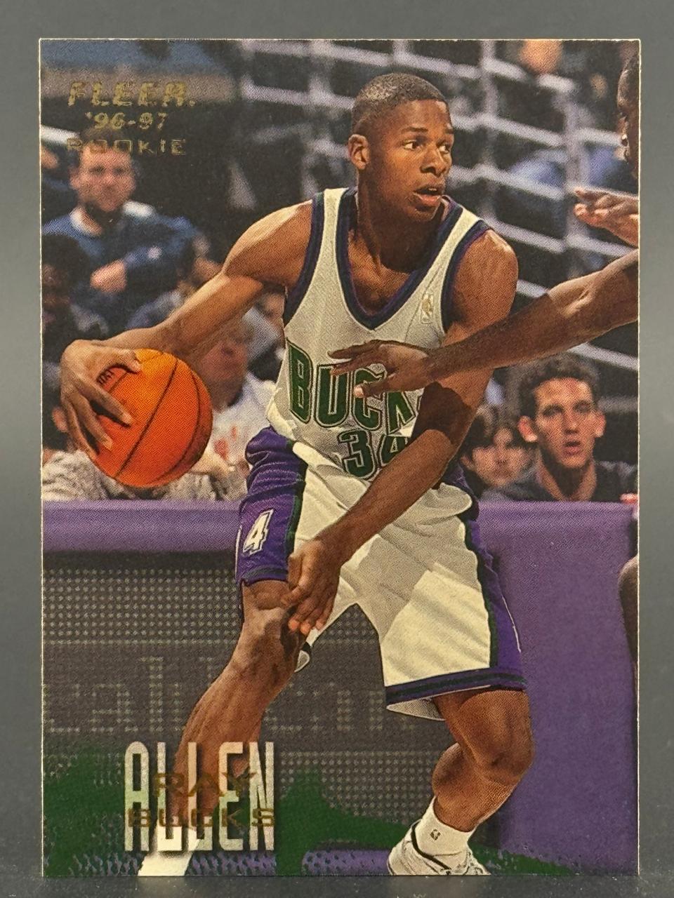 1996-97 Fleer Ray Allen Rookie trading card #34 in a Milwaukee Bucks uniform.