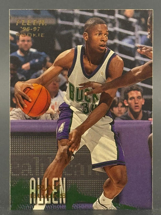 1996-97 Fleer Ray Allen Rookie trading card #34 in a Milwaukee Bucks uniform.