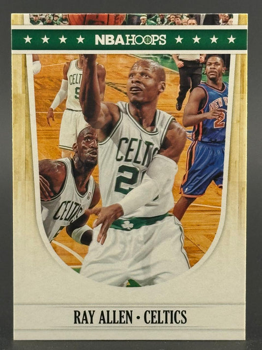 NBA Hoops trading card of Ray Allen in Boston Celtics uniform shooting a basketball.