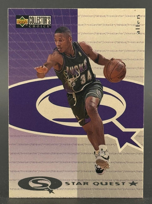 Ray Allen 1997-98 Collector's Choice StarQuest basketball card dribbling in Bucks uniform.