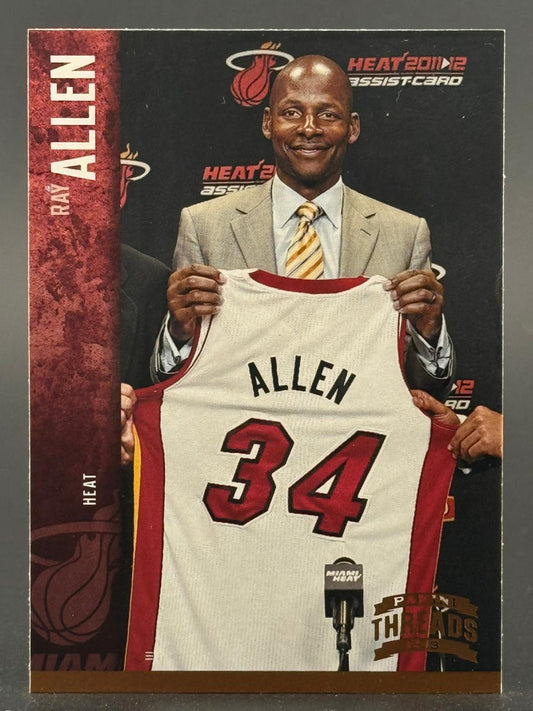 2012-13 Panini Threads Ray Allen basketball card, showing him holding a Miami Heat jersey with number 34.