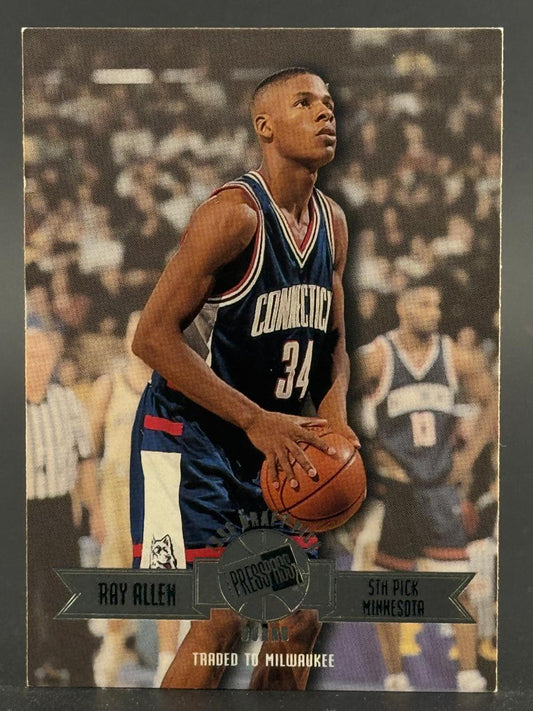 1996 Press Pass Ray Allen basketball card, #34, depicting him in a Connecticut uniform holding a basketball.