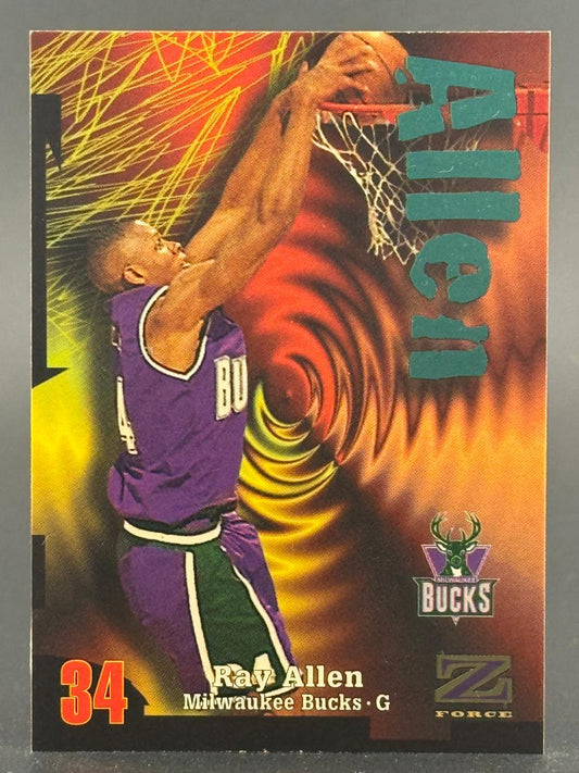 1996-97 Z-Force Ray Allen Milwaukee Bucks basketball card dunking.