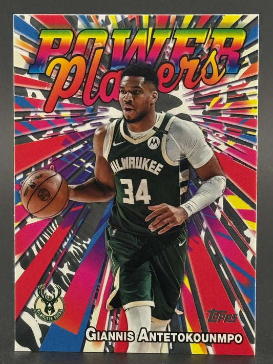 Giannis Antetokounmpo Topps Power Players trading card with a colorful abstract background.