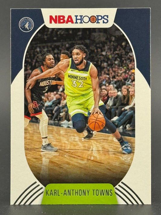 Karl-Anthony Towns on a 2018-19 NBA Hoops basketball card, dribbling in a Timberwolves uniform.