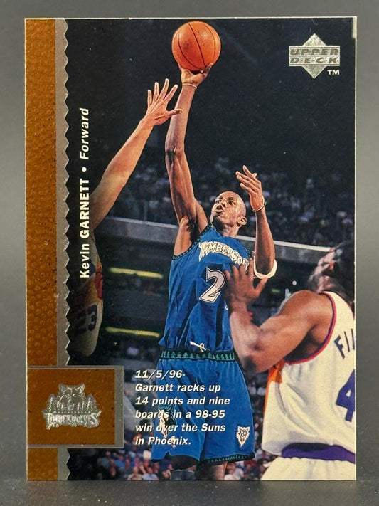 Kevin Garnett 1996 Upper Deck basketball card shooting a jump shot in a Timberwolves uniform.
