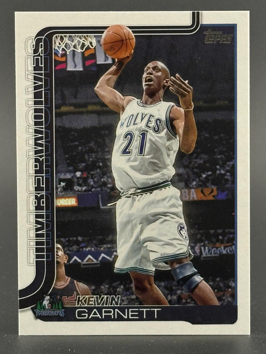 Kevin Garnett Minnesota Timberwolves basketball trading card, reaching up with a basketball.