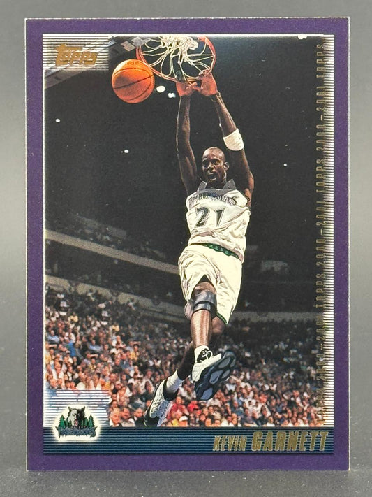 2000-01 Topps Kevin Garnett trading card #21 showing him dunking a basketball.