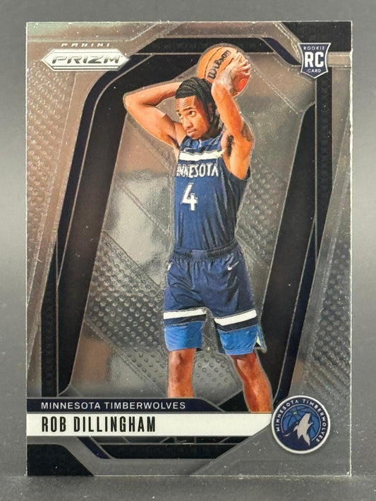 Rob Dillingham 2024 Panini Prizm Rookie Card holding a basketball in a Timberwolves uniform.