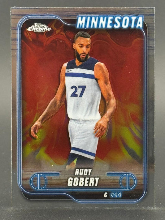 Trading card of Rudy Gobert in Minnesota uniform, Topps Chrome.