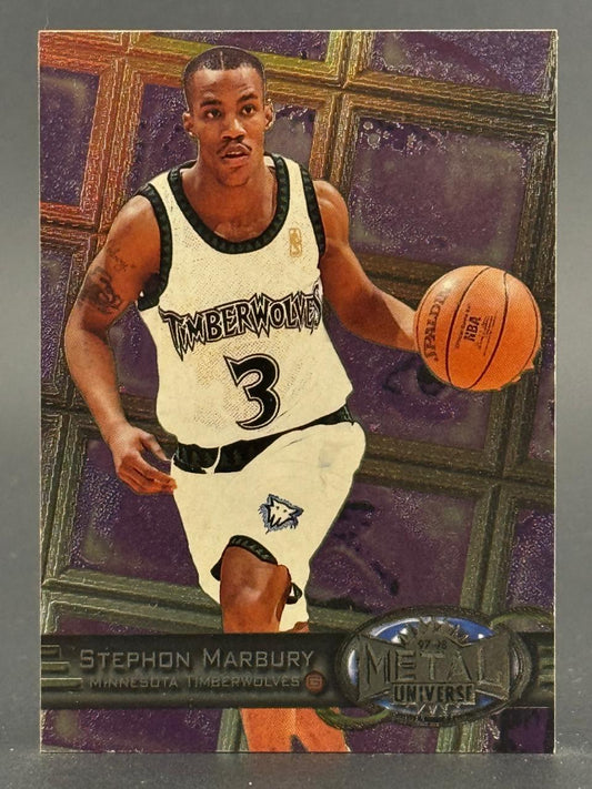 1997-98 Metal Universe Stephon Marbury basketball card, featuring him dribbling in a Timberwolves uniform.