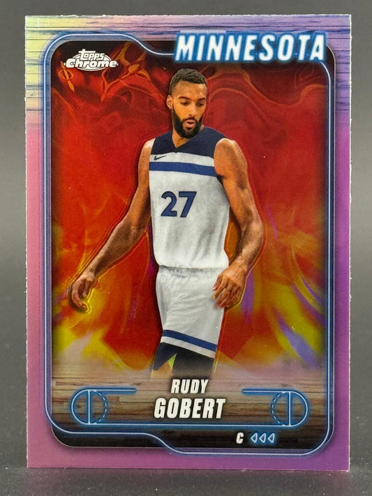 Rudy Gobert Topps Chrome basketball card featuring a fiery orange and purple background, with "Minnesota" at the top.