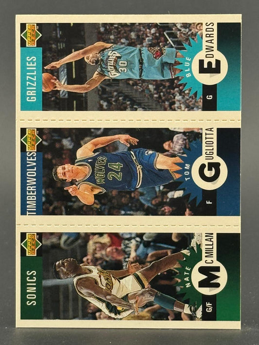 1995 Upper Deck basketball panel featuring Blue Edwards, Tom Gugliotta, and Nate McMillan.