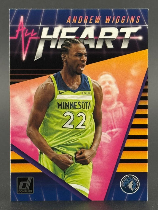 Andrew Wiggins trading card, Donruss All Heart insert, featuring him in a green Minnesota Timberwolves uniform.