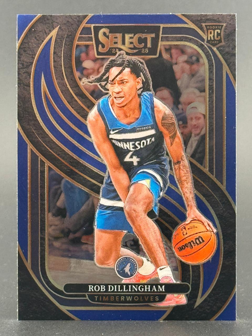 2024-25 Select Rob Dillingham Minnesota Timberwolves rookie card, #4 in blue jersey dribbling.