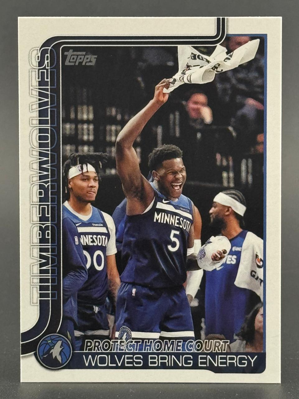Anthony Edwards 2024 Topps basketball card featuring Timberwolves teammates celebrating.
