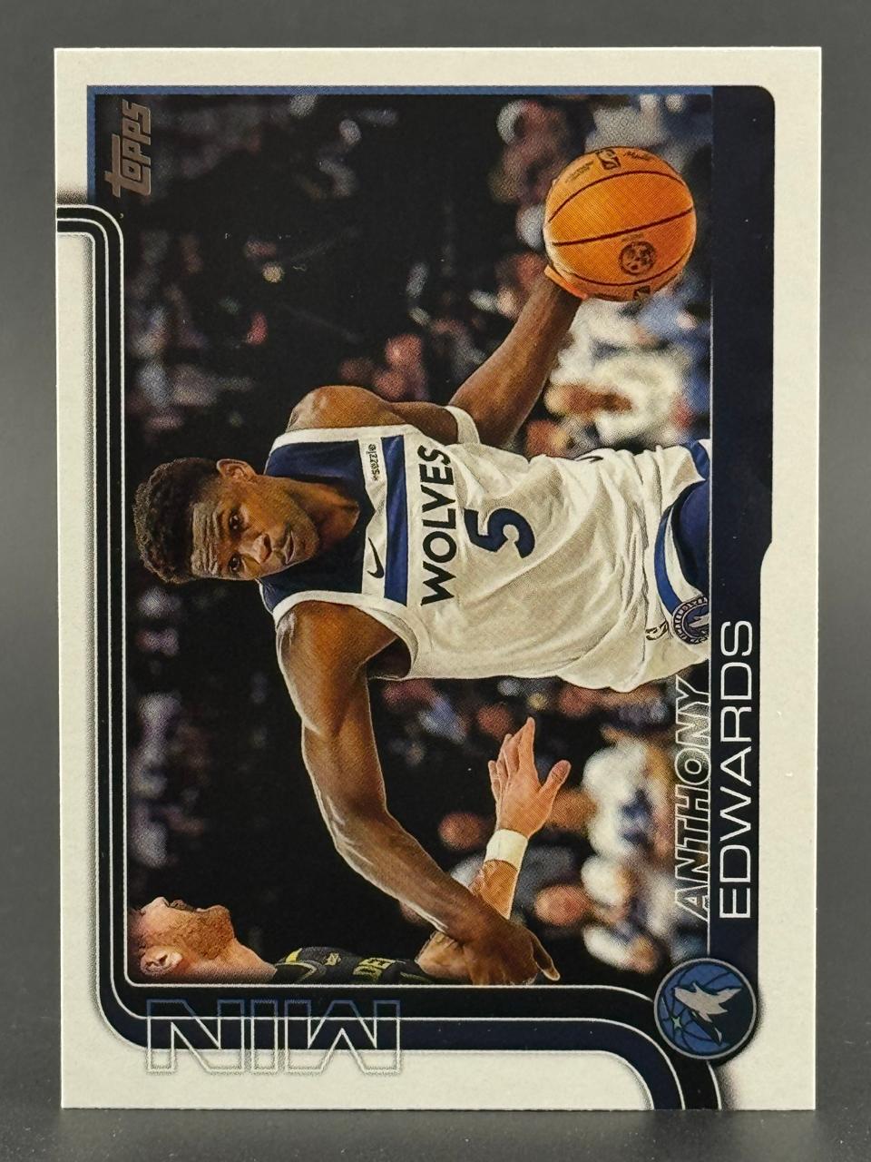 Anthony Edwards Topps basketball card showing him in a Minnesota Timberwolves white jersey holding a basketball.