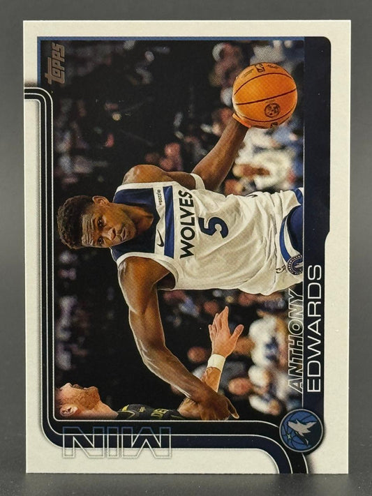 Anthony Edwards Topps basketball card showing him in a Minnesota Timberwolves white jersey holding a basketball.