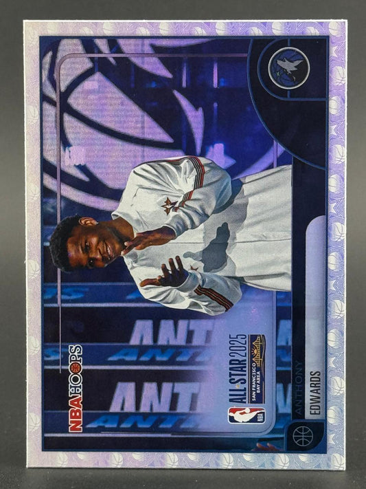 2024-25 NBA Hoops Anthony Edwards trading card, All Star 2025 parallel, featuring Edwards in a white warm-up.