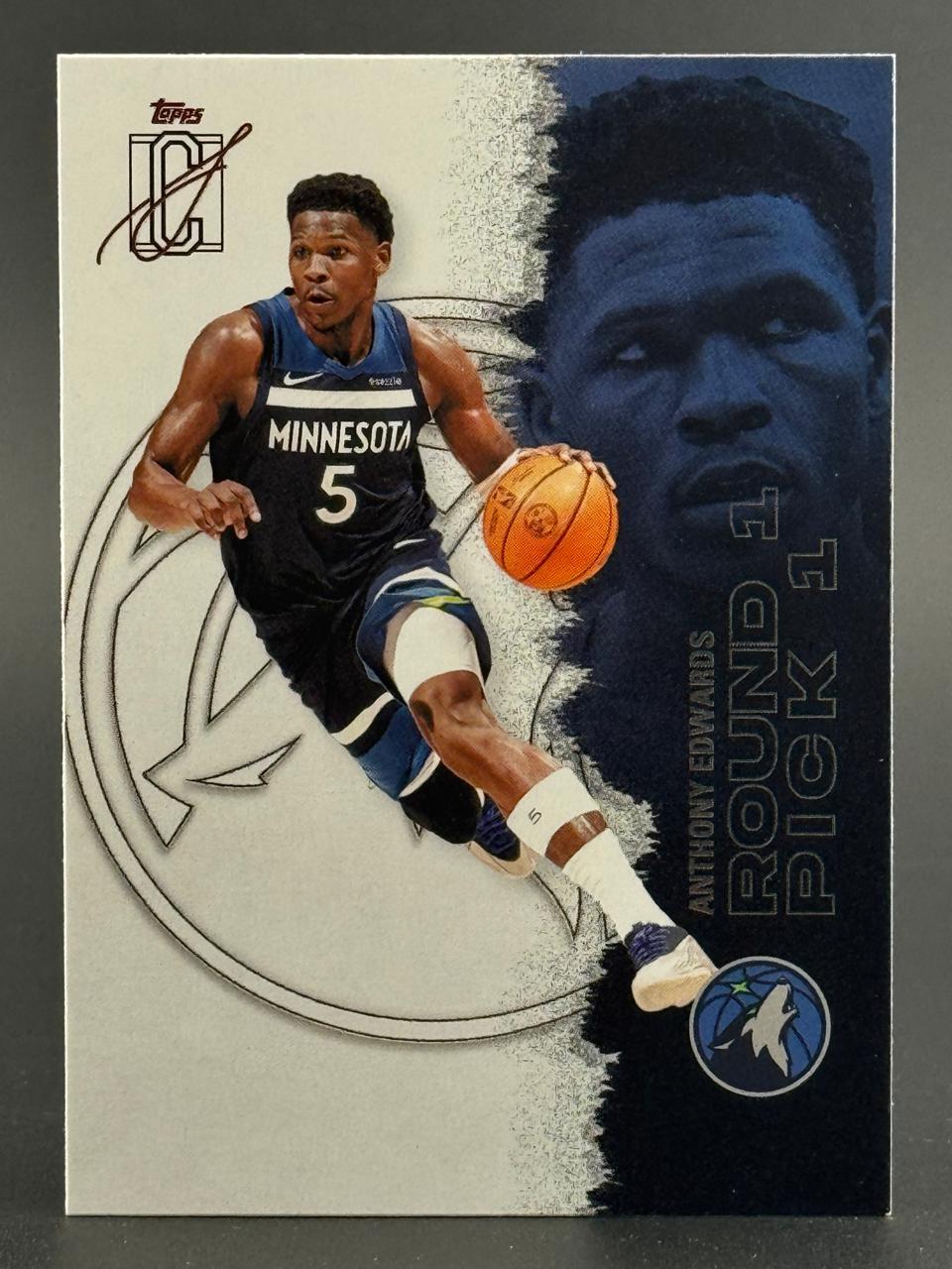 Anthony Edwards 2020 Topps 5C basketball card showing him dribbling, with a blue-toned portrait in the background.