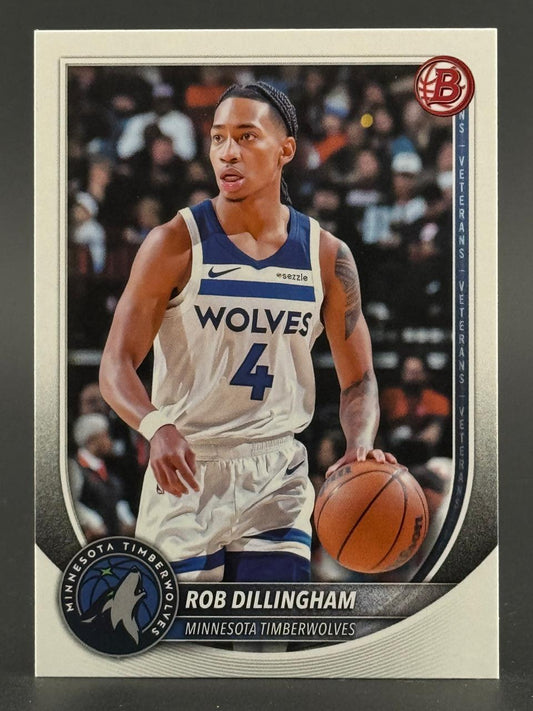 Rob Dillingham basketball card, Minnesota Timberwolves uniform, dribbling ball.