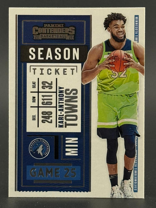 2020-21 Panini Contenders Karl-Anthony Towns basketball card, Season Ticket variant, Minnesota Timberwolves.