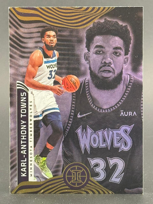 Karl-Anthony Towns trading card featuring two images of the player in Timberwolves uniforms and gold wave design.