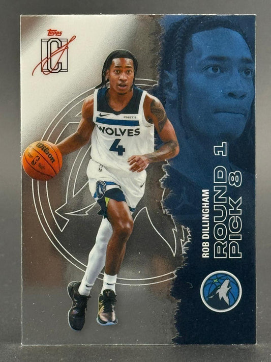 Rob Dillingham 2024 Topps trading card, showing him in a Minnesota Timberwolves uniform dribbling.