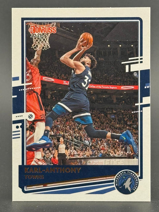 20-21 Donruss Karl-Anthony Towns basketball card featuring him driving to the basket.