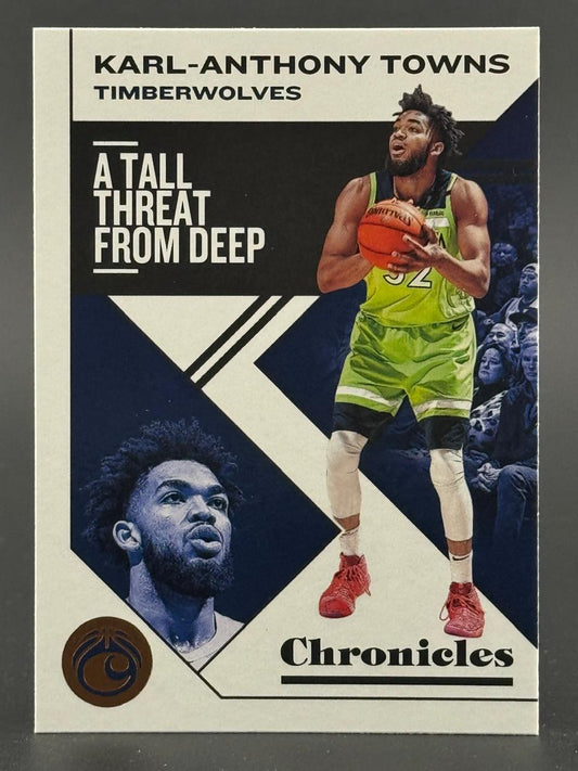 Karl-Anthony Towns Chronicles trading card featuring "A Tall Threat From Deep" text and player photo.