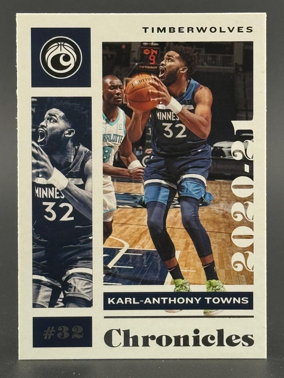 2020-21 Panini Chronicles Karl-Anthony Towns basketball card #32, showing Towns in a Timberwolves uniform.